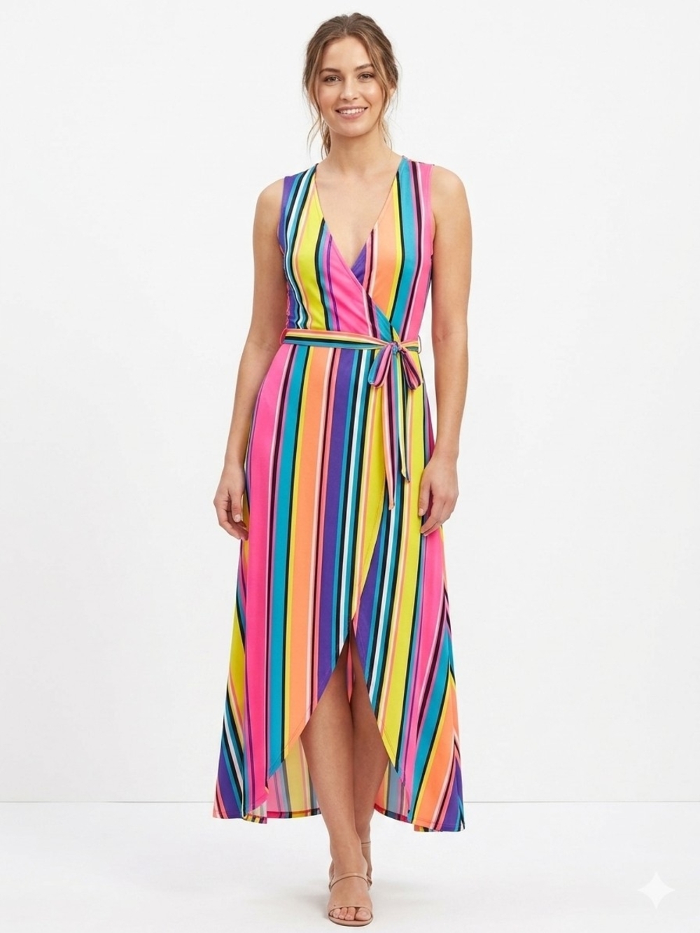 Love Women's Multicolor Striped Sleeveless Maxi Dress Size M Wrap Style